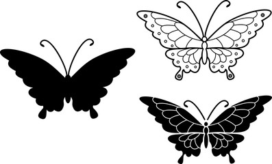 Silhouette and coloring page of flying butterfly
