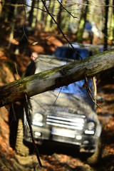 Dirty offroad cars overcome obstacles in fall forest, selective focus.