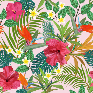 Tropical leaves and flowers seamless pattern colorful isolated h