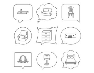 Double bed, table lamp and armchair icons.