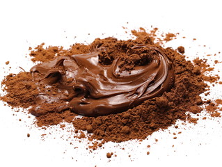 Cream chocolate spreading and cocoa powder mix, isolated on white background
