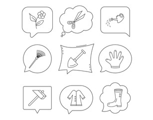 Scissors, hammer and gloves icons. Shovel signs.