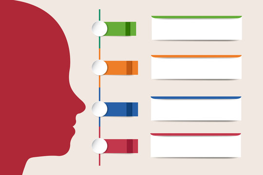 The red woman's head silhouette in the left part of the vector and blank rectangles surrounded by colorful labels ready for your text in the right part.