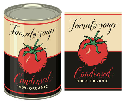 Vector illustration of label for condensed tomato soup with handwritten inscriptions and tin can with this label