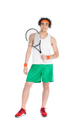 Thin tennis player in headband standing with racket isolated on white