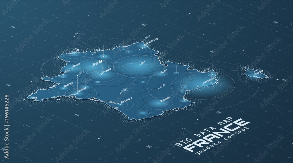 Poster France map big data visualization. Futuristic map infographic. Information aesthetics. Visual data complexity. Complex France data graphic visualization. Abstract data on map graph.