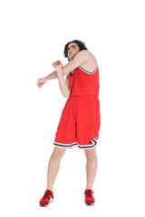 Skinny sportsman doing exercise isolated on white