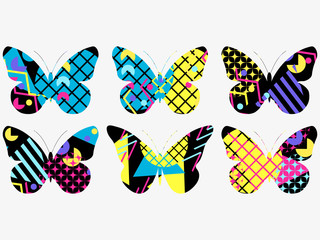 Naklejki  Zestaw motyli ze wzorem memphis wykonany z geometrycznych elementów w stylu lat 80tych. Ilustracja wektorowa