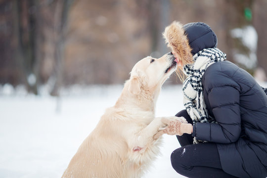 Picture of girl hugging labrador in snowy park