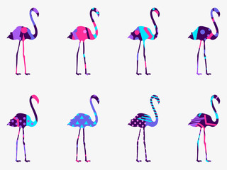 Flamingo with a pattern of geometric shapes, memphis style. A set of birds. Vector illustration