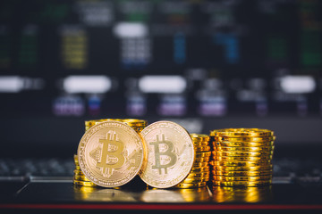 Bitcoin coins pile and two bit coins sitting in front with stock index graph chart digital background. Concept of Bitcoin and virtual currency and blockchain technology