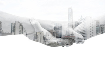 Double exposure help hands holding together and urban city