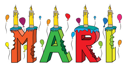 Mari female first name bitten colorful 3d lettering birthday cake with candles and balloons