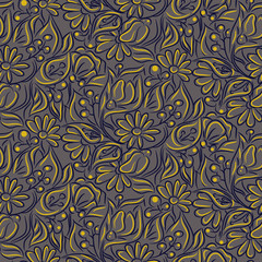 Engraving sketch flower seamless pattern.