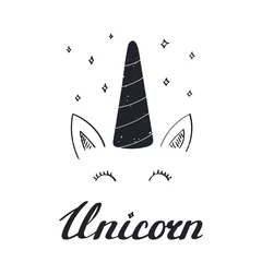 Sierkussen Hand drawn vector portrait of a cute funny unicorn with lettering. Isolated objects on white background. Monochrome vector illustration in vintage style. Design concept for children. © Maria Skrigan