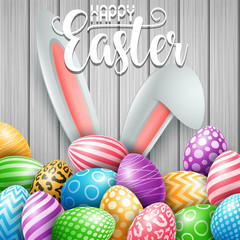Happy Easter greeting card with colored eggs, flowers and bunny ears on wood wall background
