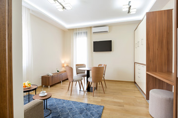 Interior of a hotel apartment, dining area