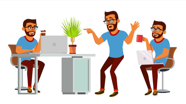 Business Man Character Vector. Working Hindu Man. Bearded. Environment Process Creative Studio. Web Developer Programming. Poses. Flat Cartoon Business Illustration