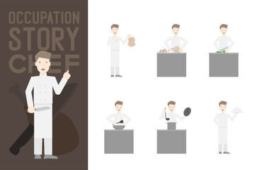 Chef man presentation Chicken Cooking Step by step concept design in kitchen illustration isolated on white background with copy space, vector eps 10