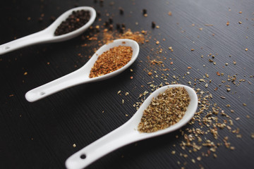 Set spices in measuring spoon. Cooking and seasoning for taste