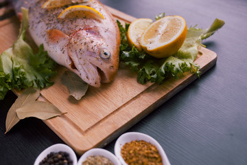 Fresh trout and ingredients to prepare fish dishes on black table