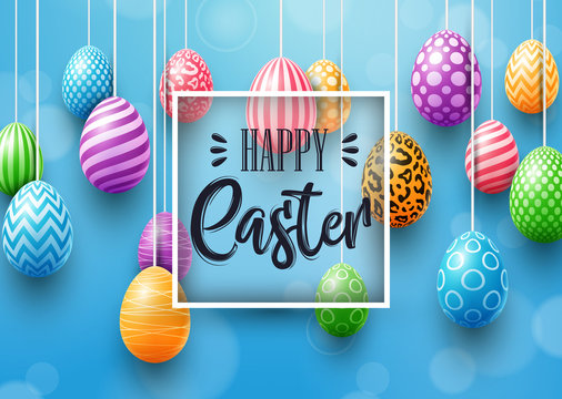 Happy easter card with colored eggs decorated on blue background