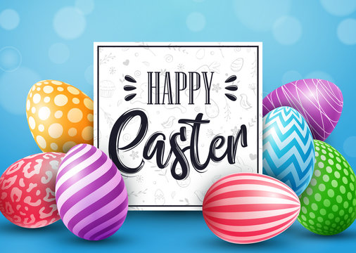 Easter card with colored decorated eggs on blue background