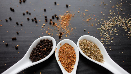 Set spices in measuring spoon. Cooking and seasoning for taste