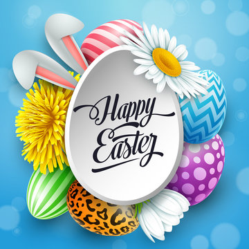 Happy Easter greeting card with easter eggs, flowers and bunny ears on blue background
