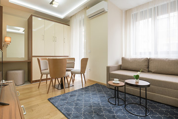 Interior of a hotel apartment, dining area