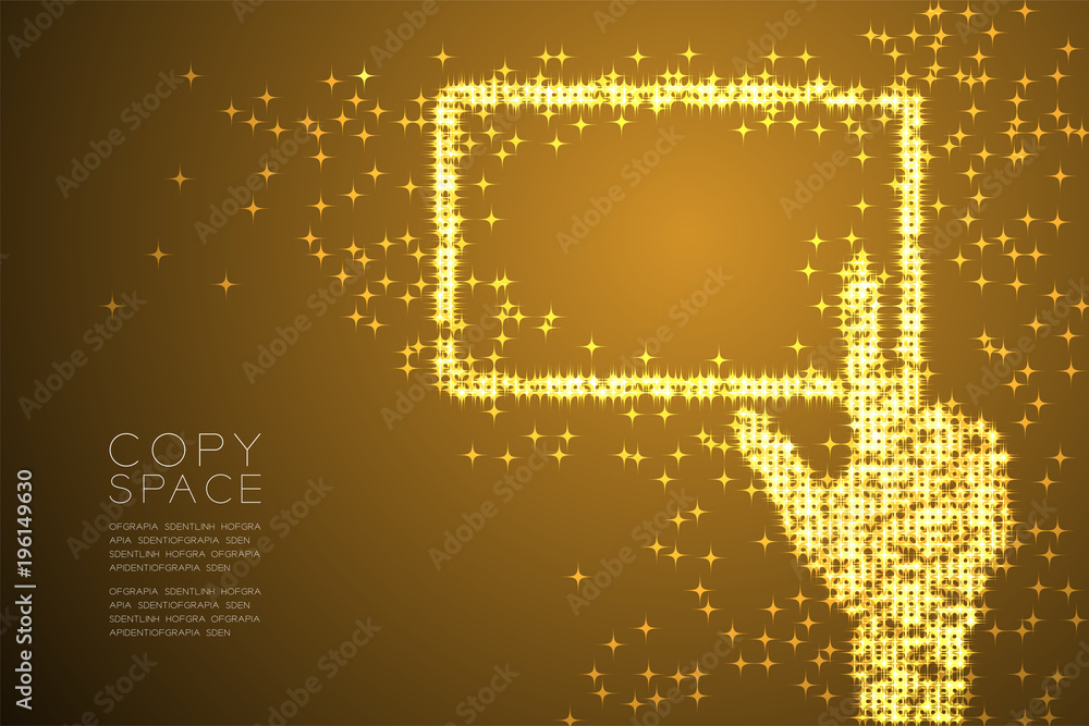 Poster abstract shiny star pattern hand touch screen tablet shape, concept design gold color illustration i