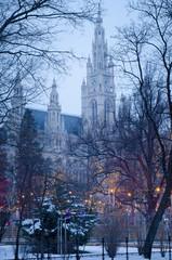 View of the municipal building, das Rathaus, in Vienna during a magical winter evening