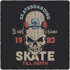 T-shirt or poster design with illustraion of skull with skateboard © Oleg