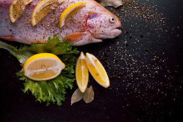 Fresh trout and ingredients to prepare fish dishes on black table