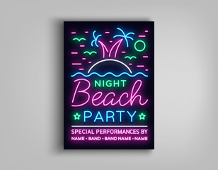 Night beach party poster. Summer party, neon style flyer, palm beach, musical night posters template, bright neon advertising party, nightclub, concert, disco. Vector Illustrations