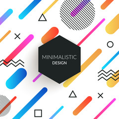 Abstract memphis style retro background with multicolored simple geometric shapes and copy space frame. Black triangles, circles, lines