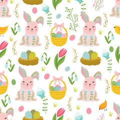 Easter concept seamless pattern. Cute rabbits and chicken in flowers. Seamless pattern.