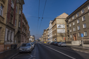 Usti nad Labem street in winter sunny morning