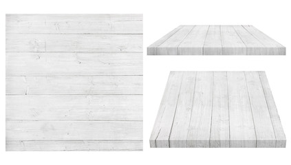 White wooden wall, table, floor surface, wooden texture. Objects are isolated on white background