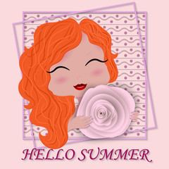 Summer background, banner, postcard. Cute girl with rose in her hands, 3d frame, and inscription Happy summer. Vector illustration.