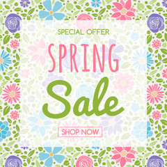 Spring Sale - text on background with flowers. Concept of a poster. Vector.