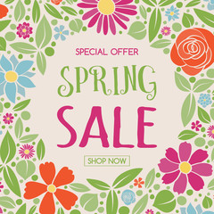Spring Sale - colorful poster with flowers. Vector.