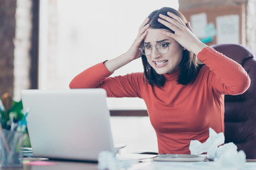 Modern technology financier economist people person concept. Hulf-turned portrait of sad unhappy...