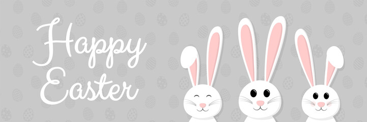 Easter decoration - panoramic banner with happy bunnies and wishes. Vector.