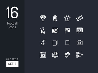 Set 2 of football / soccer icons on the black background. Universal linear icons to use in web and mobile app.