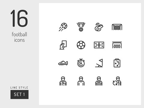 Set 1 of football / soccer icons on the white background. Universal linear icons to use in web and mobile app.