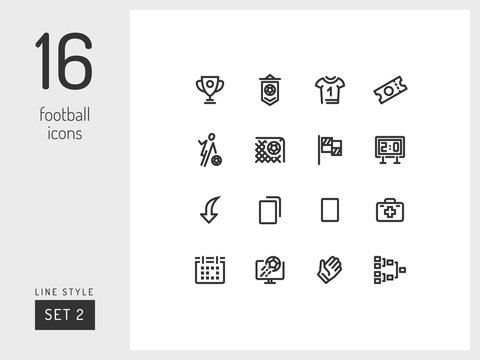 Set 2 of football / soccer icons on the white background. Universal linear icons to use in web and mobile app.
