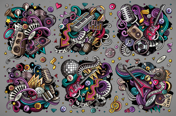 Fototapeta premium Colorful vector doodles cartoon set of disco music objects combinations