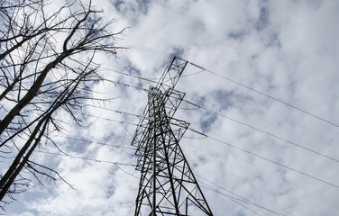 looking up at an electricity pylon