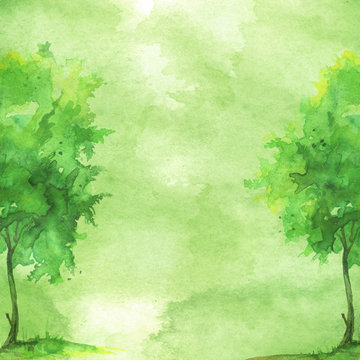 Watercolor banner, logo, postcard. green silhouette of the forest, birch, poplar, maple. Watercolor landscape, green splash of paint, abstract spots, beautiful background. Summer Landscape